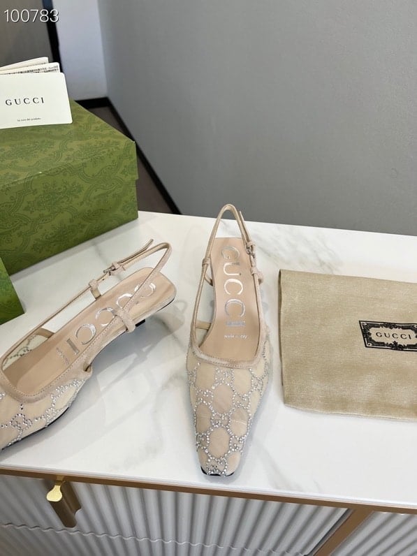 Gucci Slingback Pumps with Decorative Gems – Black Mesh Pointed Toe Heels view 6