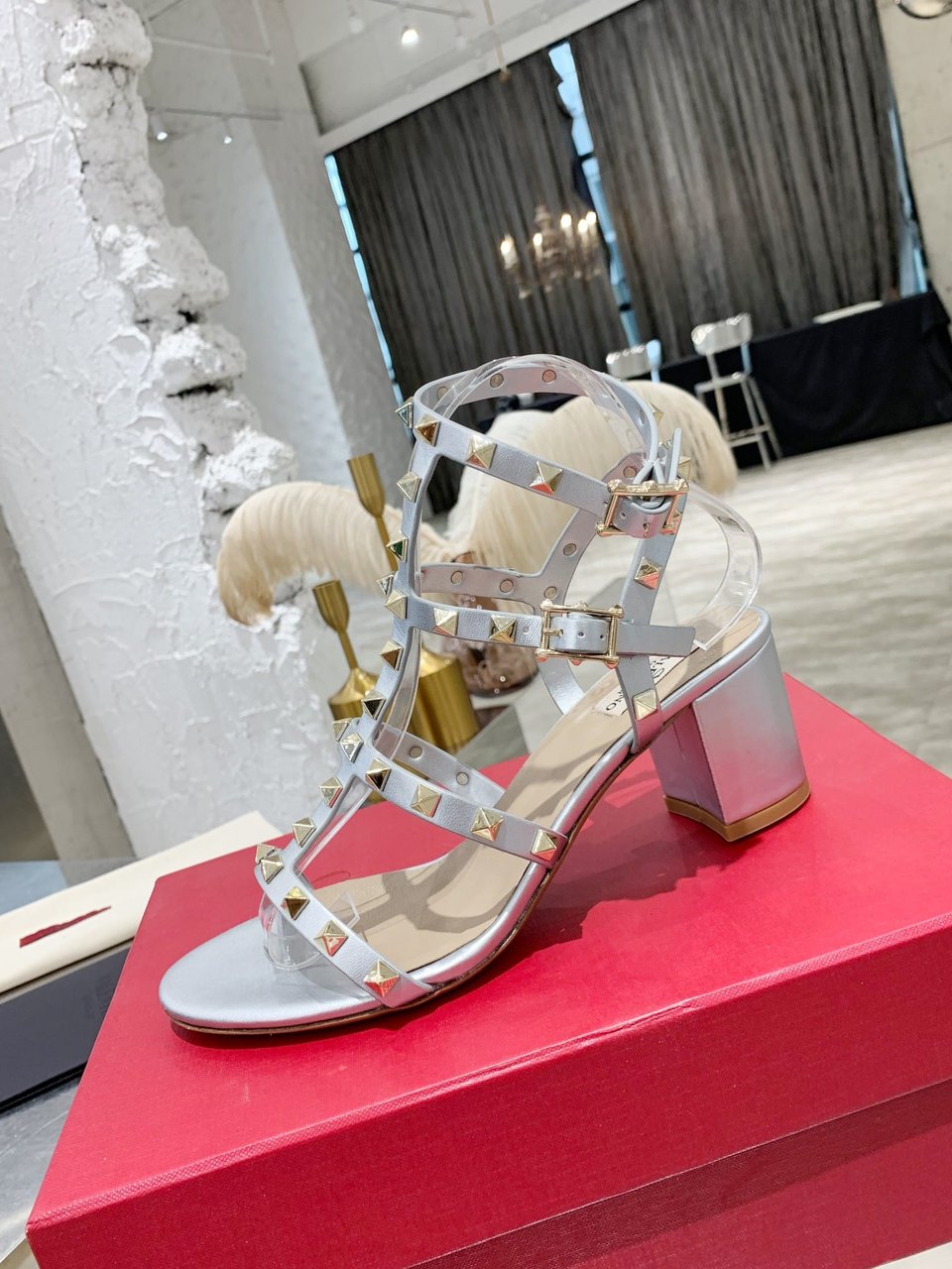 Valentino Garavani Rockstud Leather Sandals Silver view 3