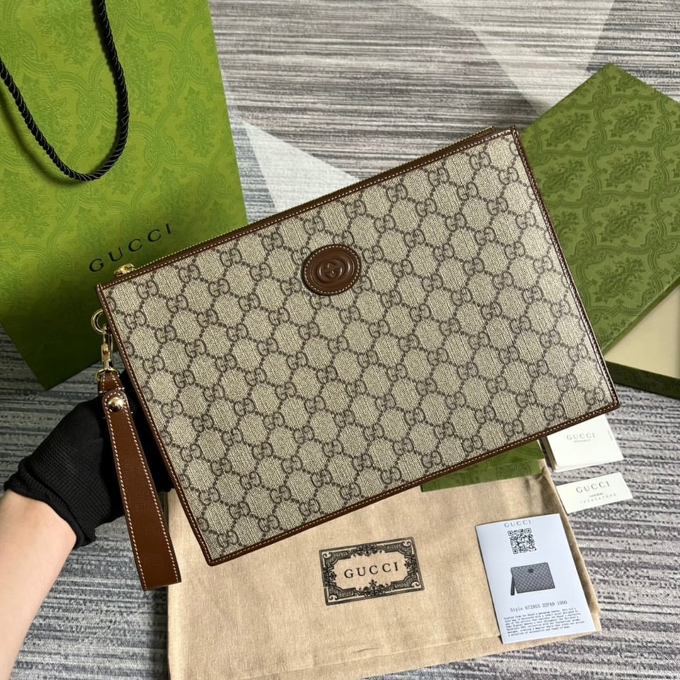 Gucci GG Wool Pouch With Interlocking G Brown 12in/31cm For Men view 3