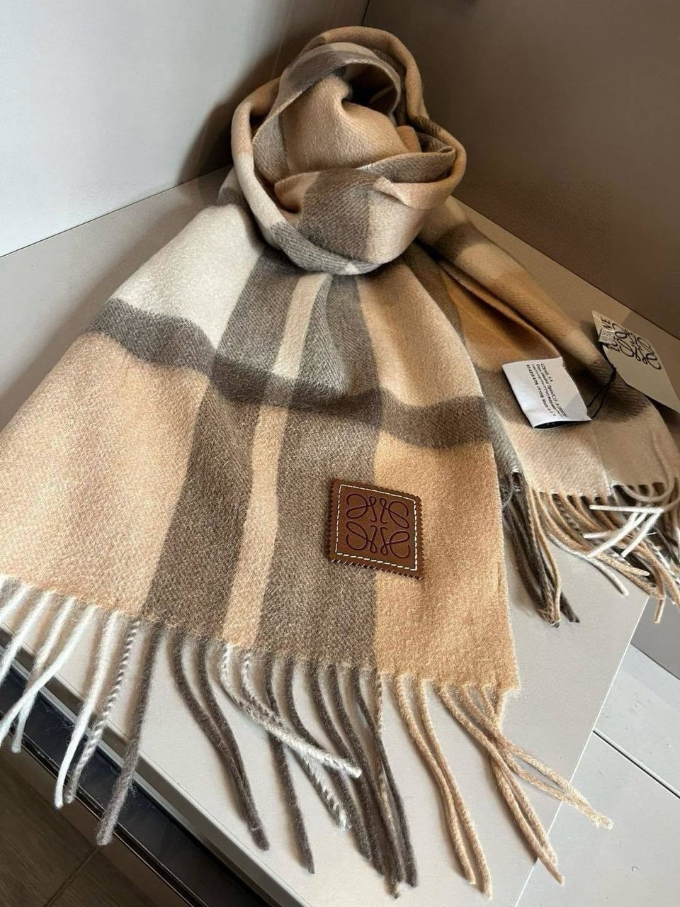 Loewe Cashmere Scarf Check Beige Brown For Women 180cm view 2
