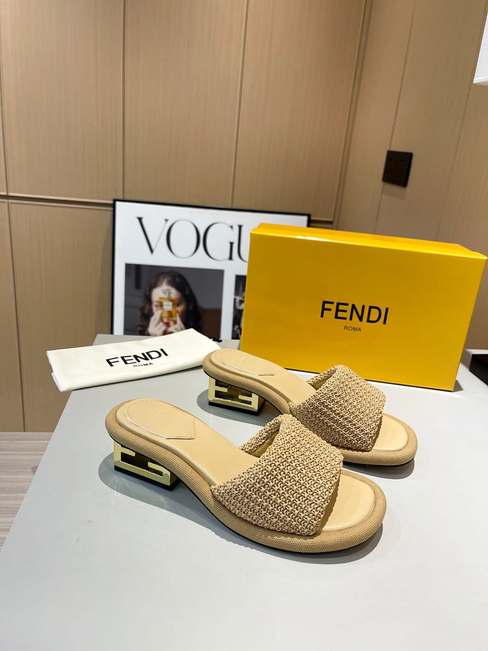Fendi Baguette Raffia Slide Sandal Natural Neutral view 6