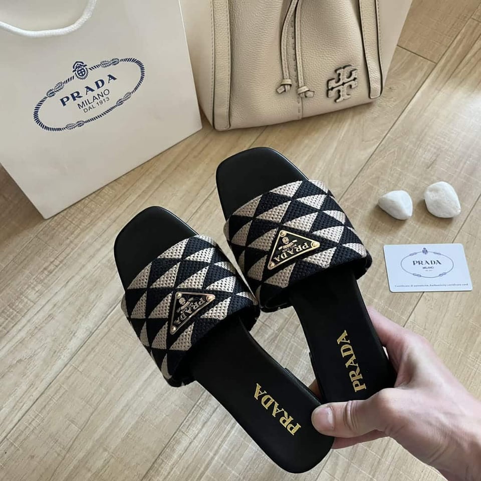 Prada Embroidered Fabric Slides Black White view 3