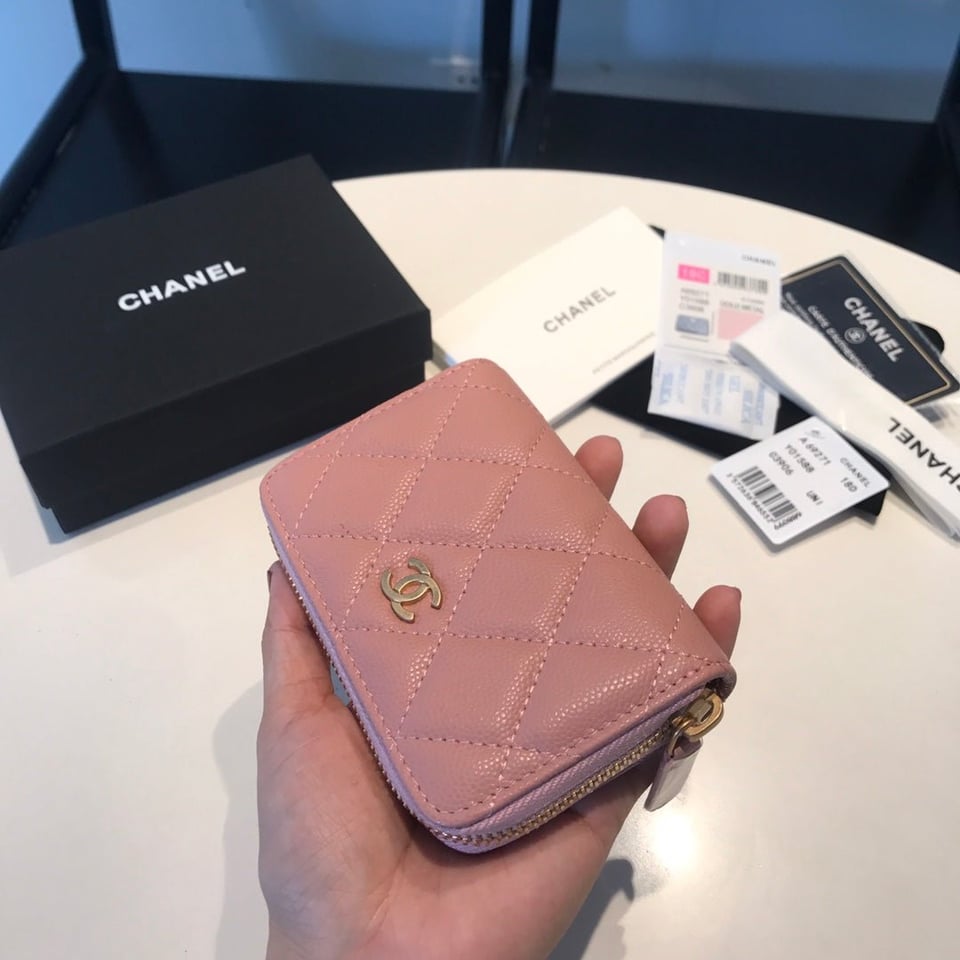 Chanel Zipped Coin Basic Purse 11 Peach Calfskin Gold Icon view 7