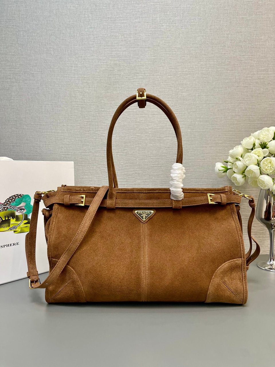 Prada Bonnie Large Suede Handbag Cocoa Brown 38cm view 3