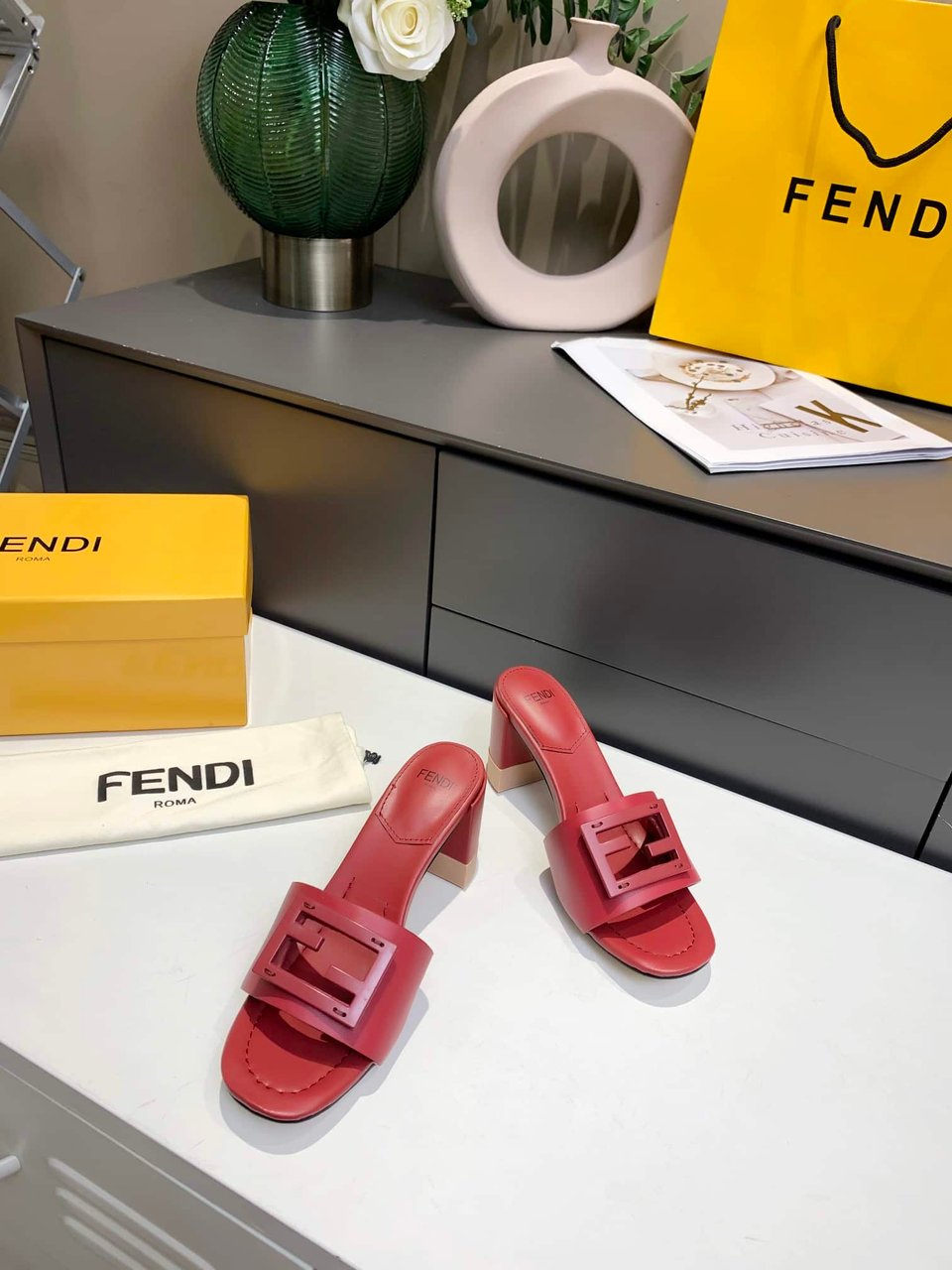 Fendi Signature Leather High Heel Red view 6