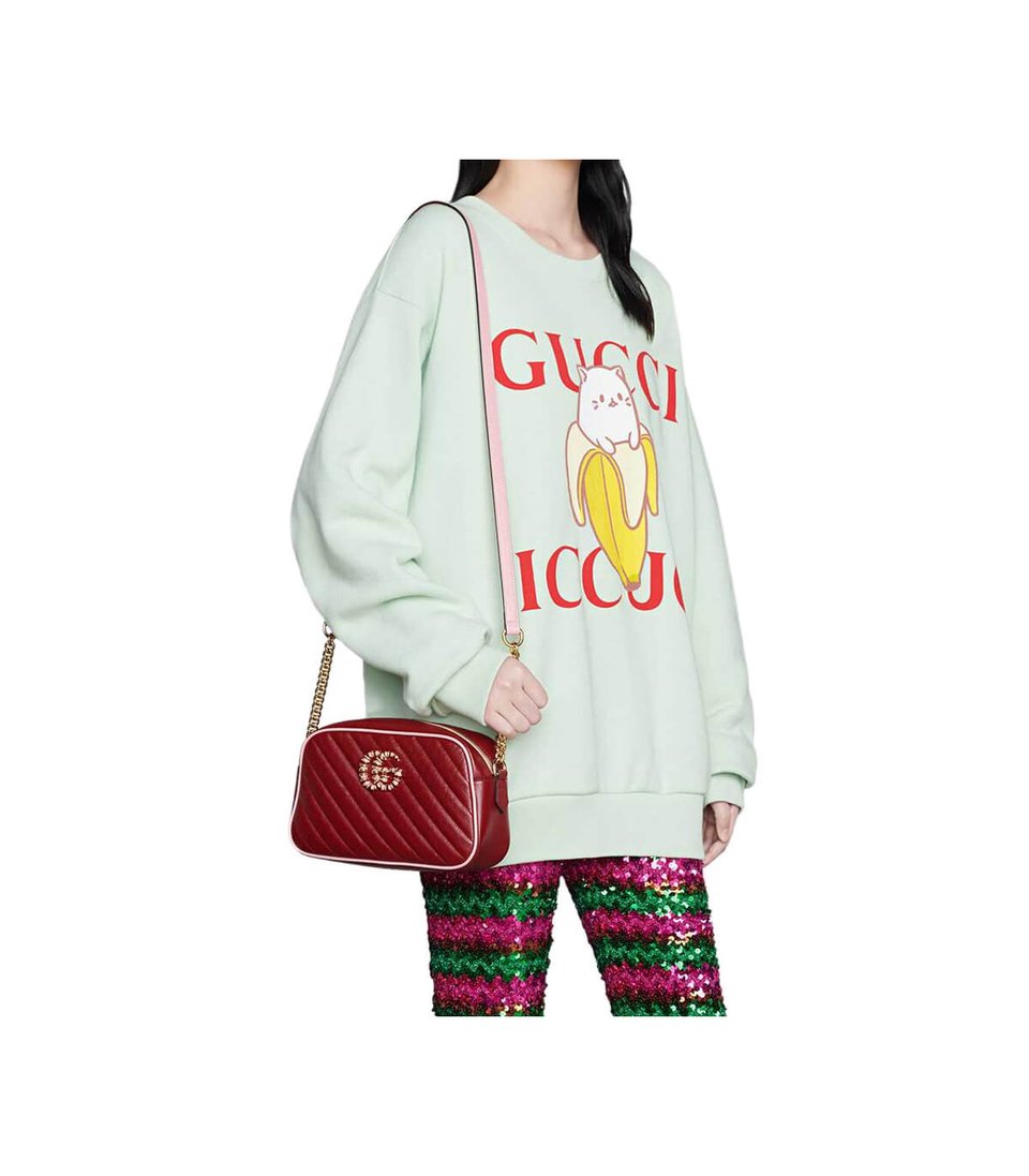Gucci GG Marmont Small Shoulder Bag Red and Emerald Leather view 3
