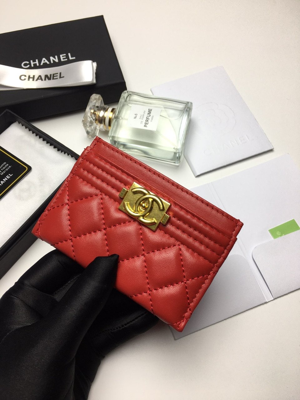 Chanel Boy Card Holder 11.2 Red Calfskin Gold Icon view 3