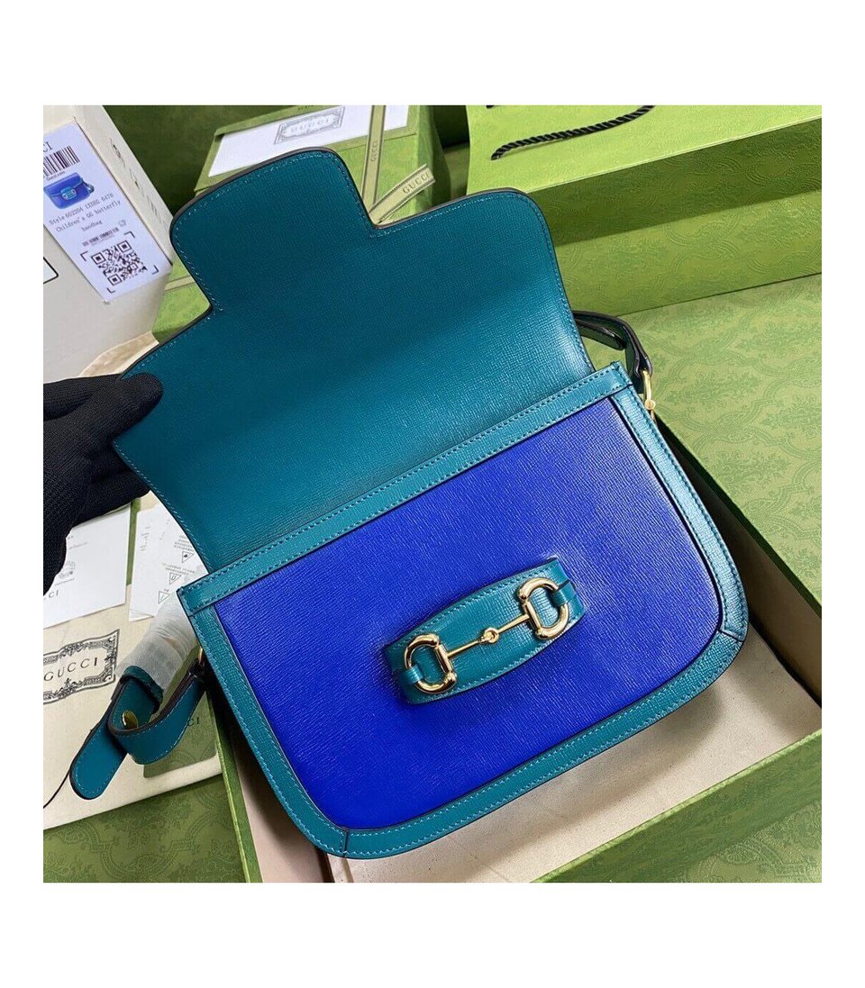 Gucci Horsebit 1955 Small Shoulder Bag Blue and Green Leather view 10