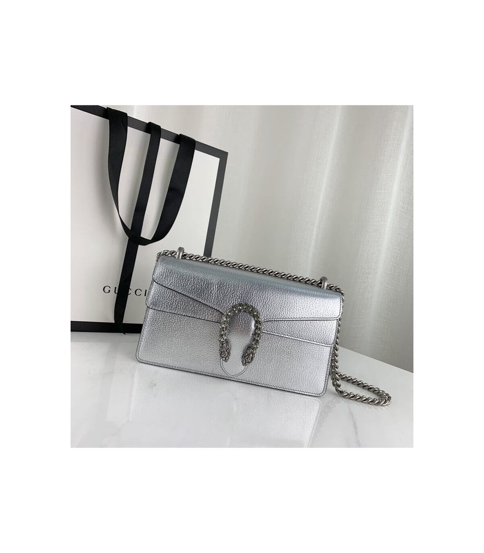 Gucci Dionysus Small Shoulder Bag in Silver Lame Leather view 4