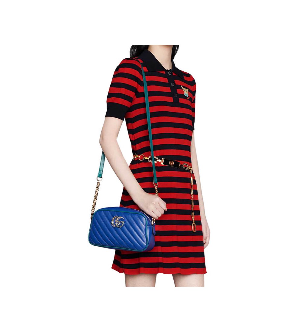 Gucci GG Marmont Small Shoulder Bag Blue and Emerald Leather view 3