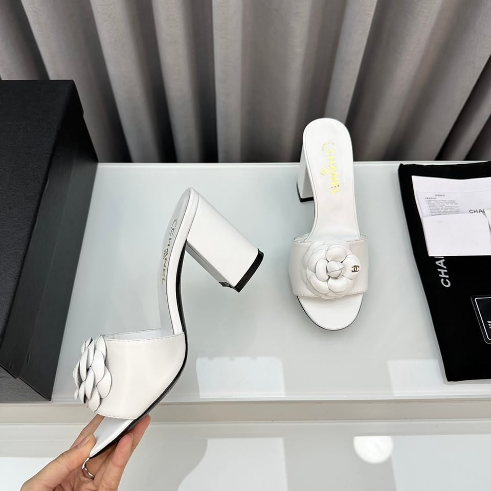 Chanel Camellia Medium Heel Slippers White view 5