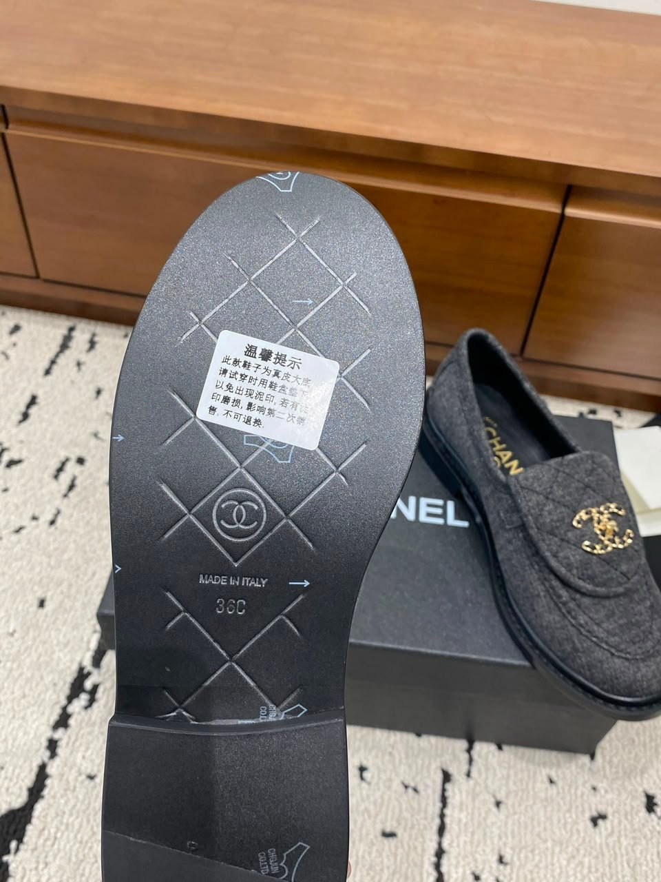 Chanel Quilted Fabric Loafers with CC Chain Logo Dark Grey G39834 view 9