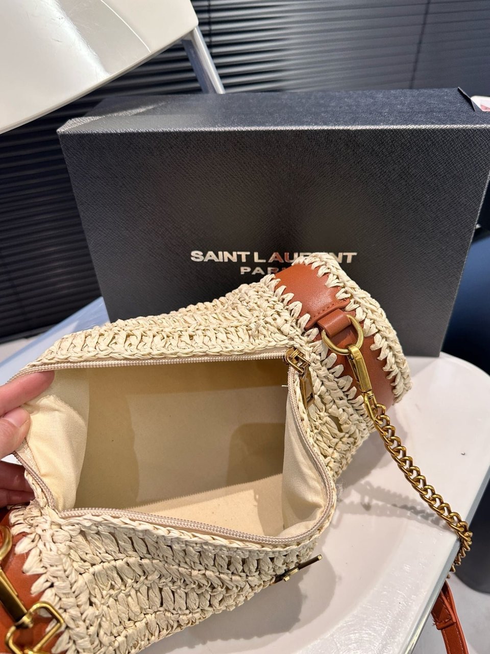 Saint Laurent Sade Raffia Tube Bag In Natural 33Cm view 4