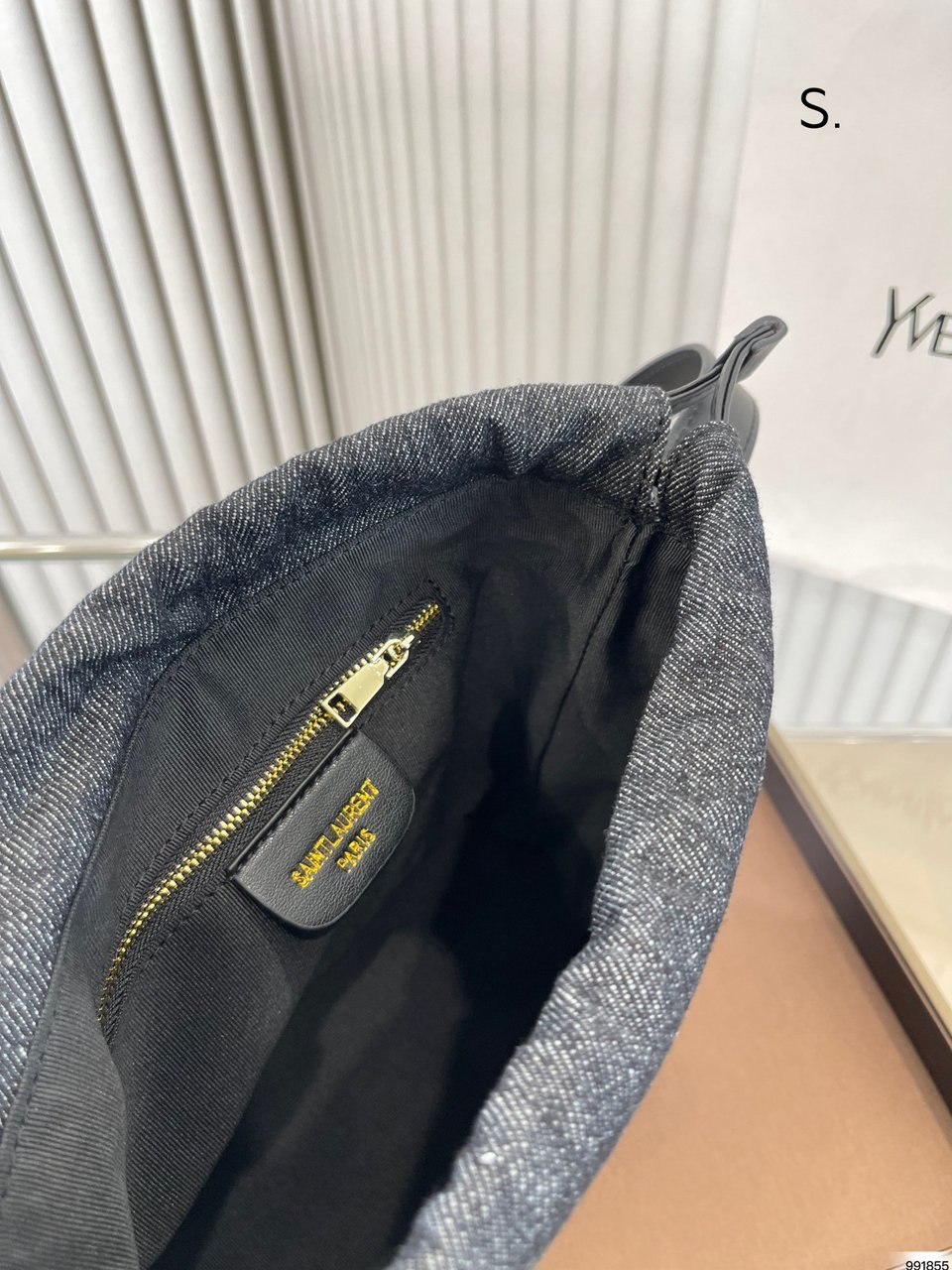Saint Laurent Rive Gauche Laced Bucket Bag In Embroidered Felt And Smooth Leather Denim Black view 7