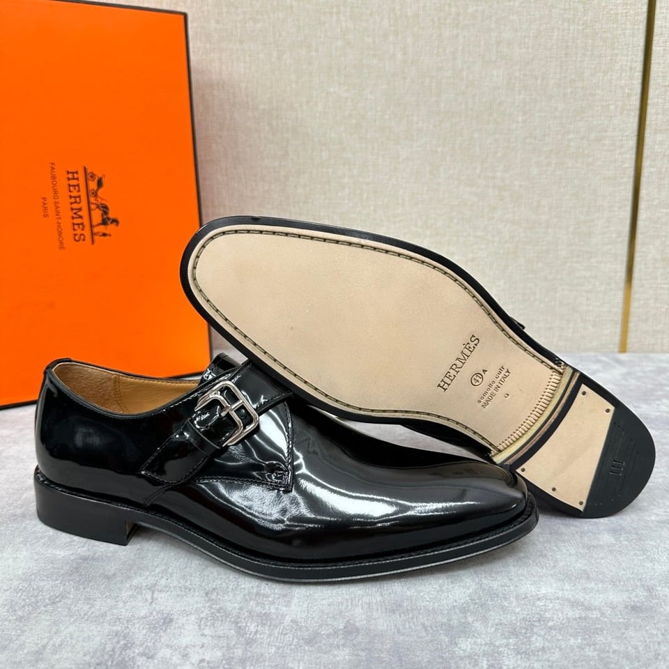 Hermès Black Polished Leather Monk Strap- Shoes for Men view 10
