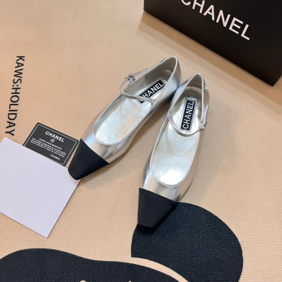 Chanel Square Toe Ballet Flats Black Silver view 9