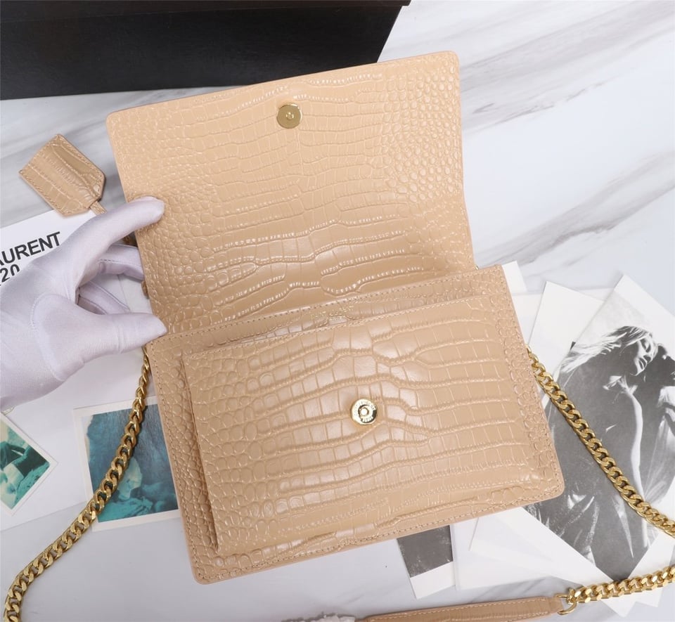 Saint Laurent Sunset Medium Chain Bag In Crocodile Embossed Shiny Apricot 22Cm view 6