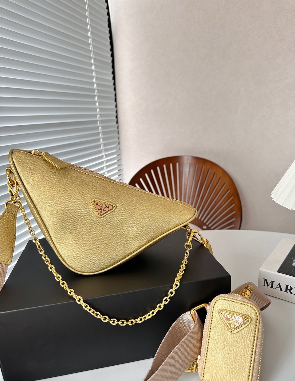 Prada Triangle Saffiano Leather Shoulder Bag Gold 28Cm view 11