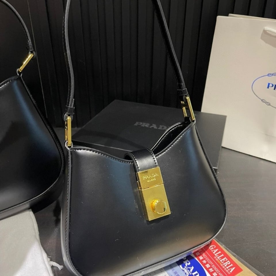 Prada Cleo Brushed Leather Shoulder Bag With Clasp Closure Black 26Cm view 10