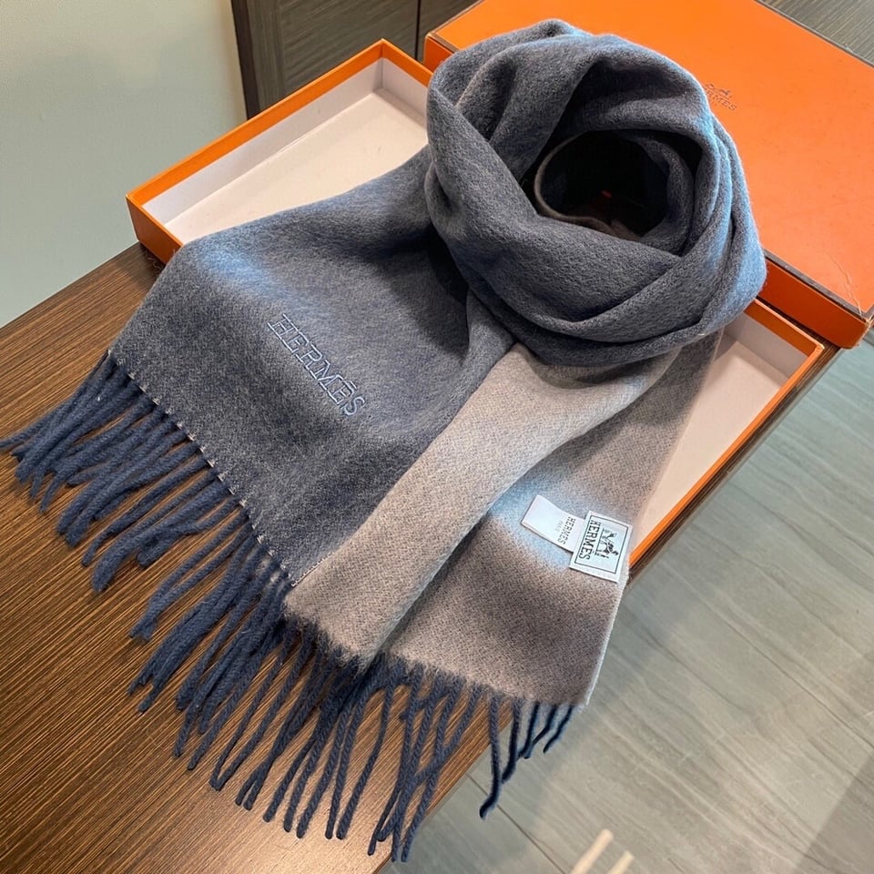 Hermes Cashmere Scarf Colorblock Blue Gray For Women 180cm view 2