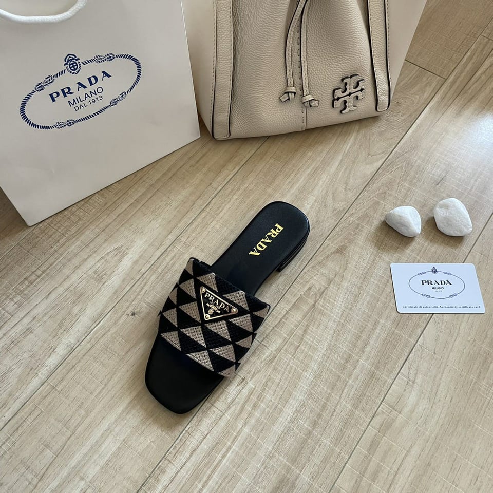 Prada Embroidered Fabric Slides Black White view 6