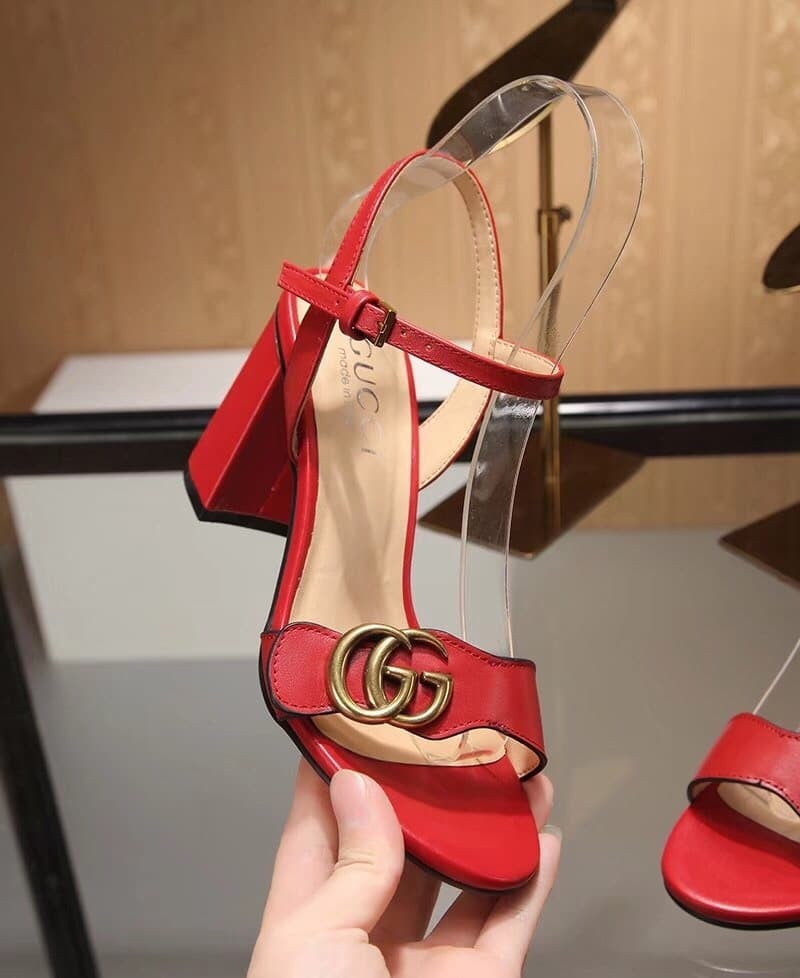 Gucci Double G Leather Mid Heel Sandal Red ?453379 A3N00 view 3