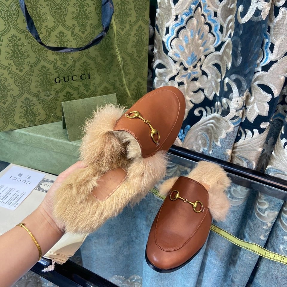 Gucci Princetown Furlined Leather Slippers In Brown view 10