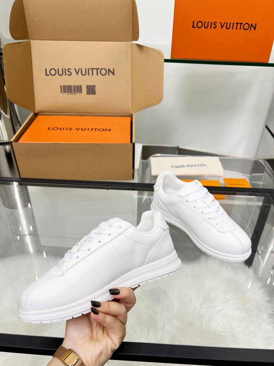 Louis Vuitton LV Trainer Triple White Sneakers – Clean All White Leather – Women’s Shoes view 5
