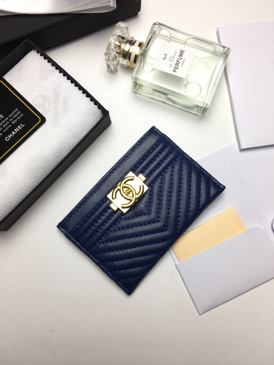 Chanel Line Card Holder 11.2 Navy Calfskin Gold Icon view 5