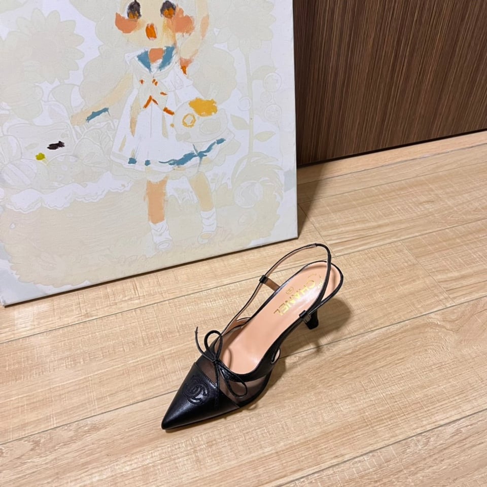 Chanel Cc Leather Pointy Toe Pumps Slingbacks Sandals Black view 5