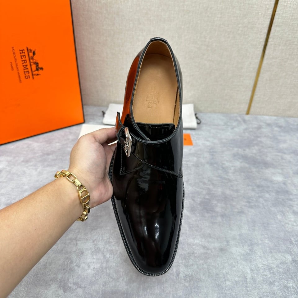 Hermès Black Polished Leather Monk Strap- Shoes for Men view 7