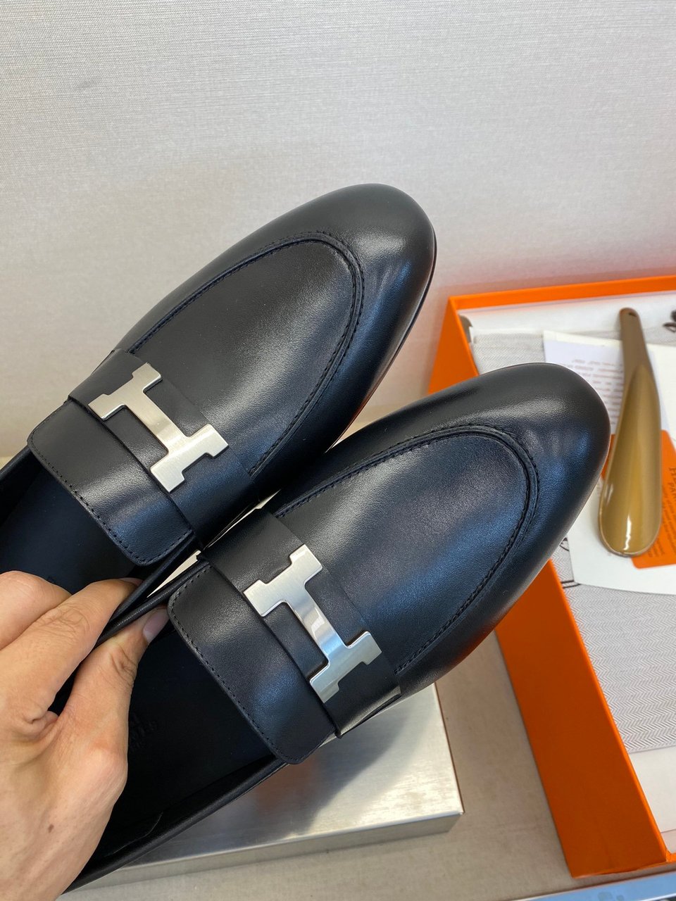 Hermes H-Buckle Black Smooth Leather Loafers- Shoes for Men view 7