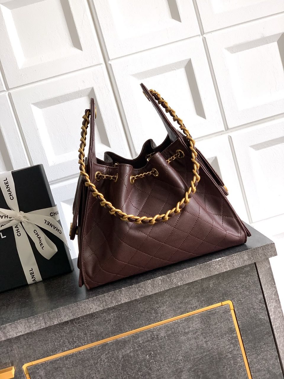 Chanel 25 Small Size Handbag Calfskin With Grain Effect &amp; Gold Metallic Brown 30cm/11.8in AS5293 view 10