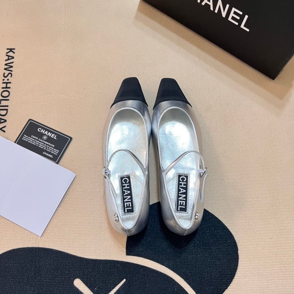 Chanel Square Toe Ballet Flats Black Silver view 3
