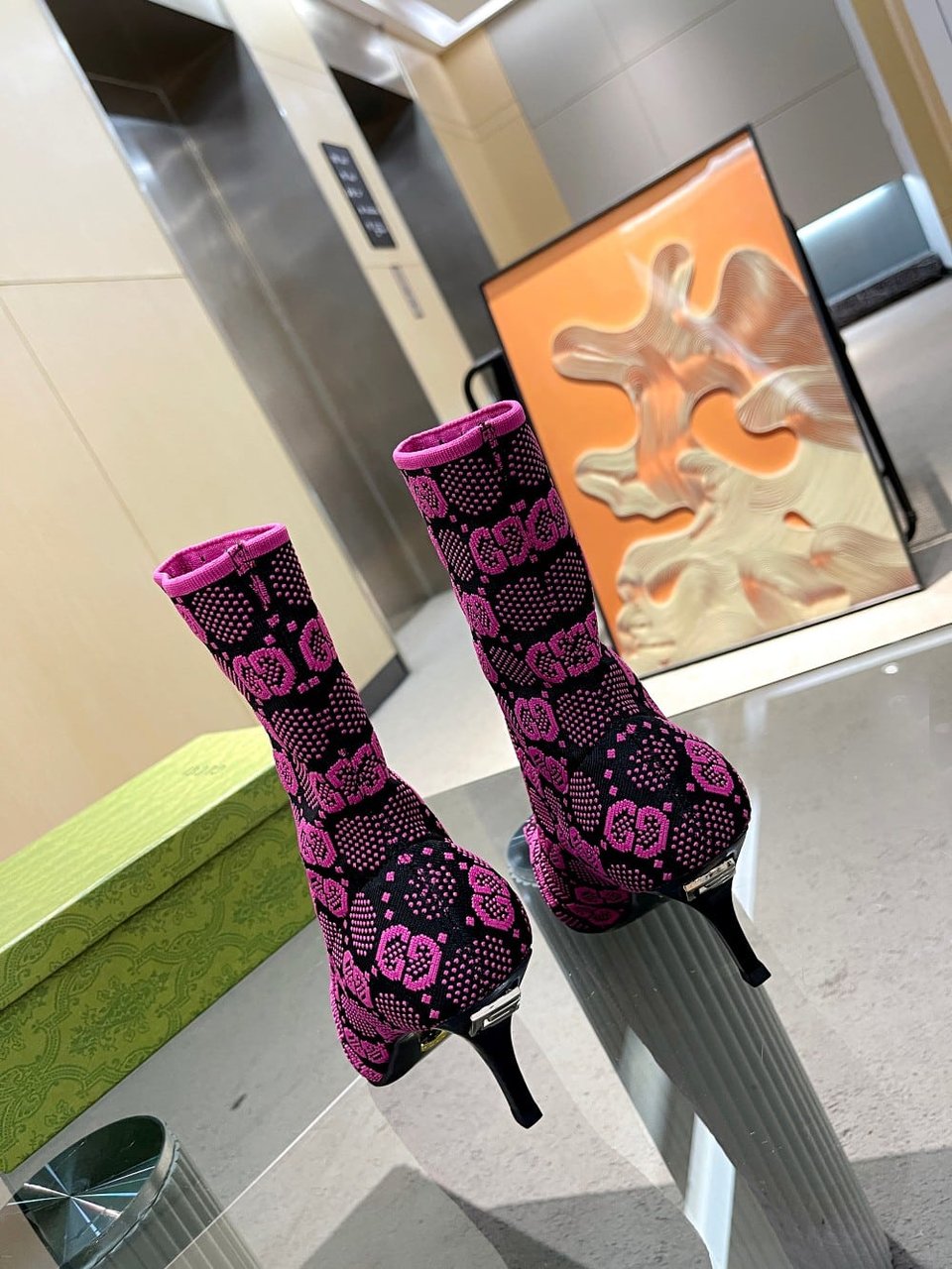 Gucci Gg 75Mm Knit Ankle Boots Black Fluorescent Pink Fabric 718378 Faaqp 8610 view 6