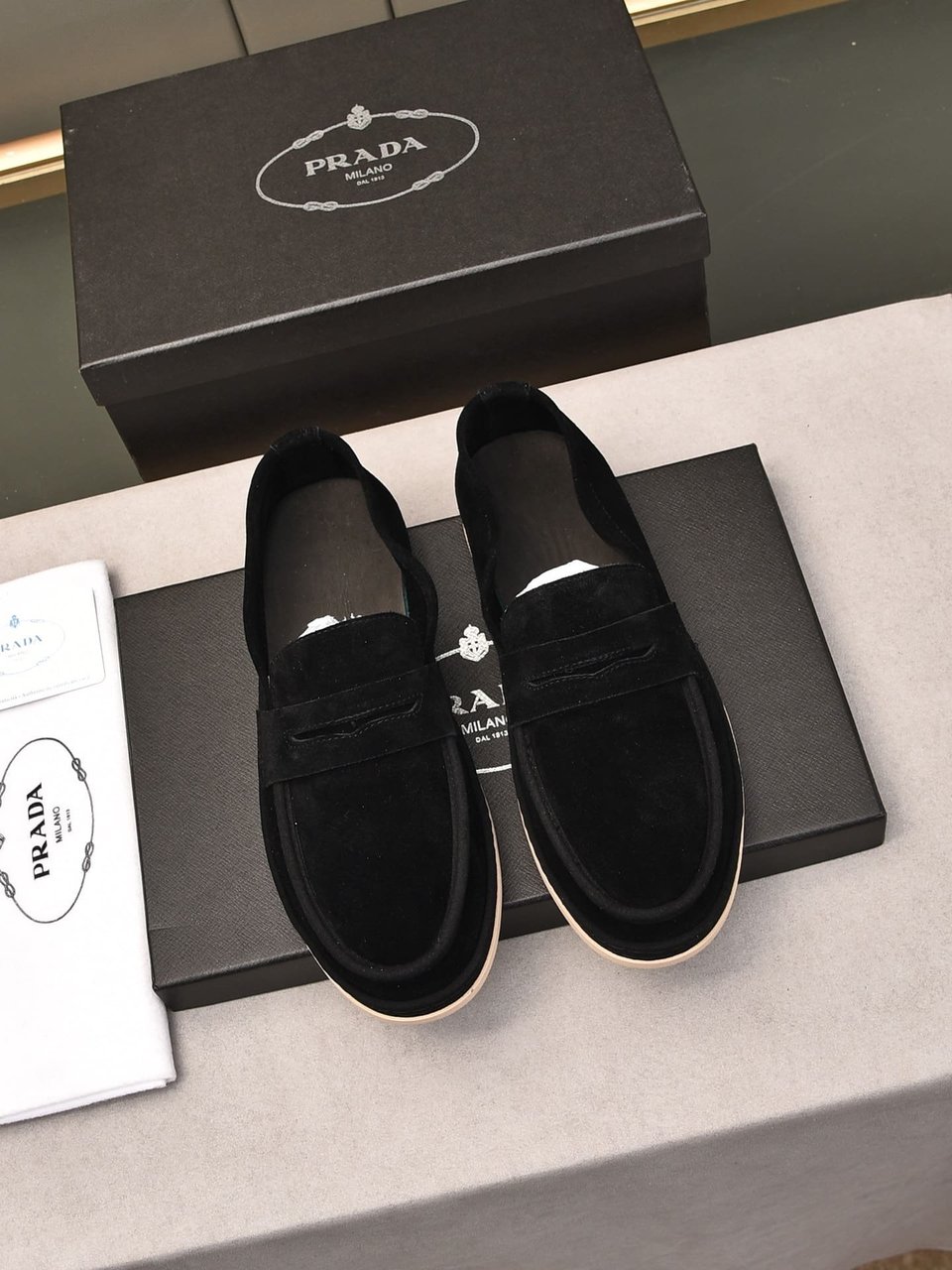 Prada Men’S Flat Loafers Suede Leather Black view 7