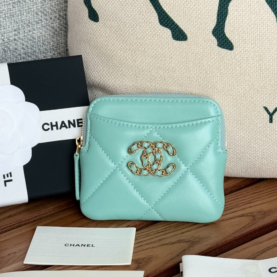 Chanel 19 Zipped Coin Purse 11Cm Turquoise Blue Lambskin Gold Hardware