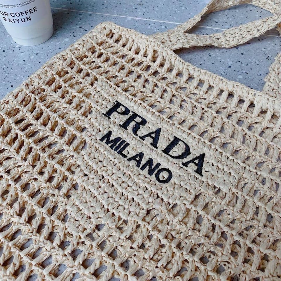 Prada Natural Crochet Logo Tote Bag Beach Bag 38 cm view 10