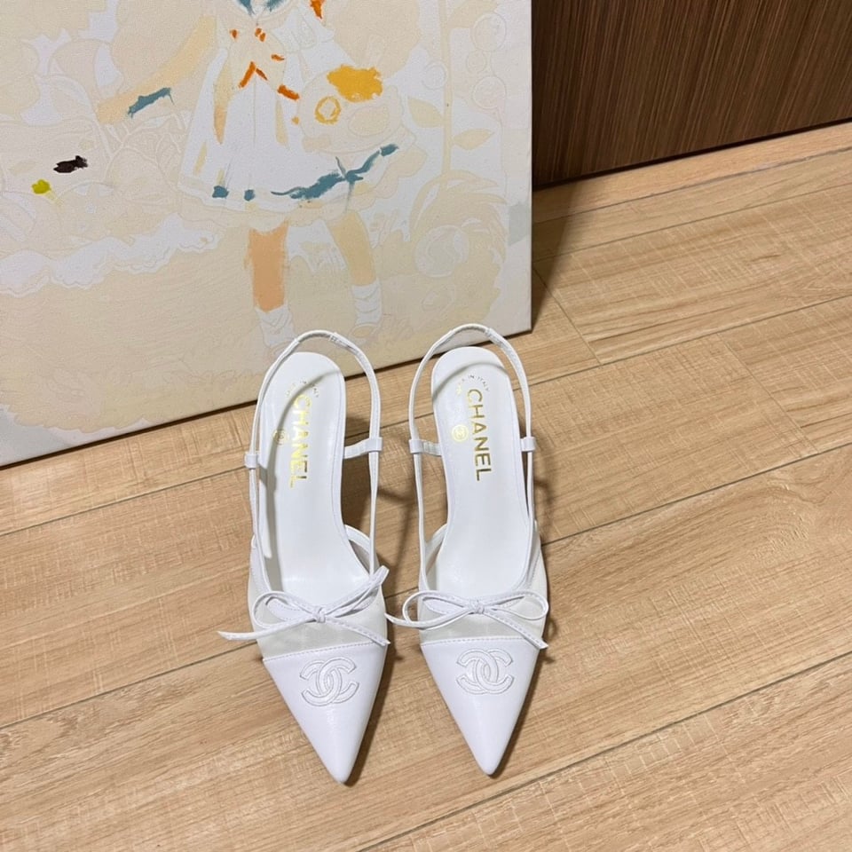 Chanel Cc Leather Pointy Toe Pumps Slingbacks Sandals White view 5