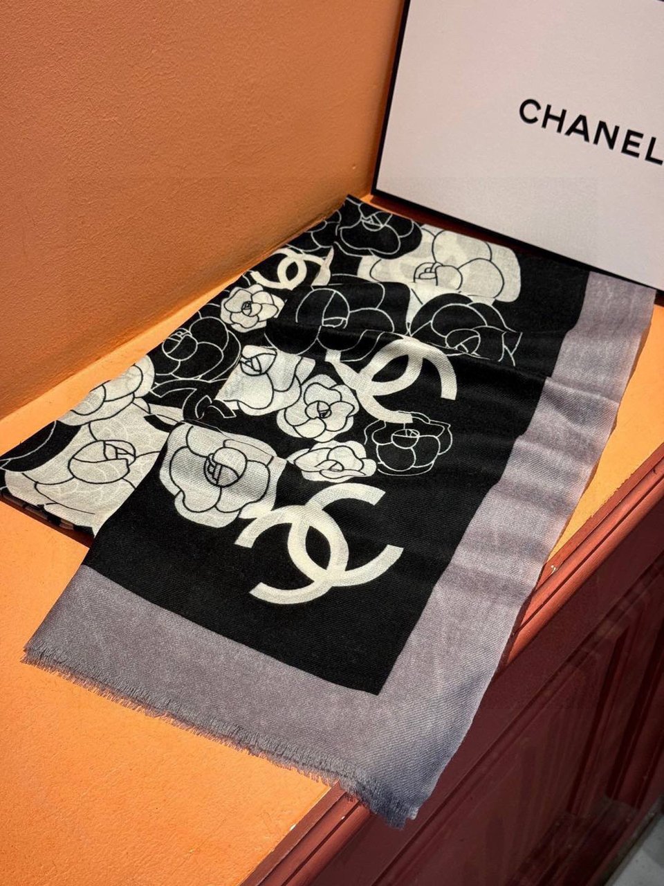 Chanel Silk Shawl Camellia Motif Black-Grey For Women 200cm view 5