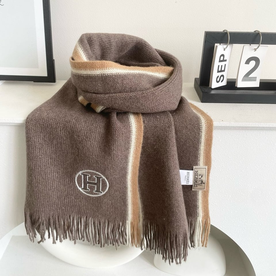 Hermes Cashmere Scarf H-Motif Brown For Women 180cm view 2