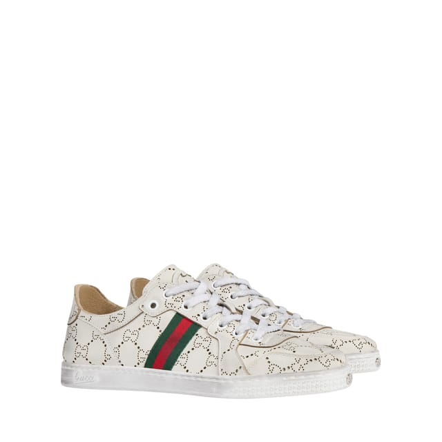 Gucci Stretch Low-top Trainer ‎White Lasered GG Soft Leather 865050 For Women