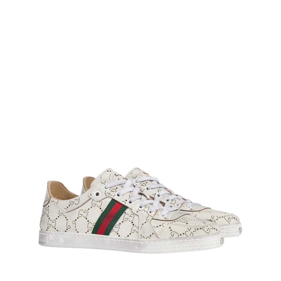Gucci Stretch Low-top Trainer ‎White Lasered GG Soft Leather 865050 For Women