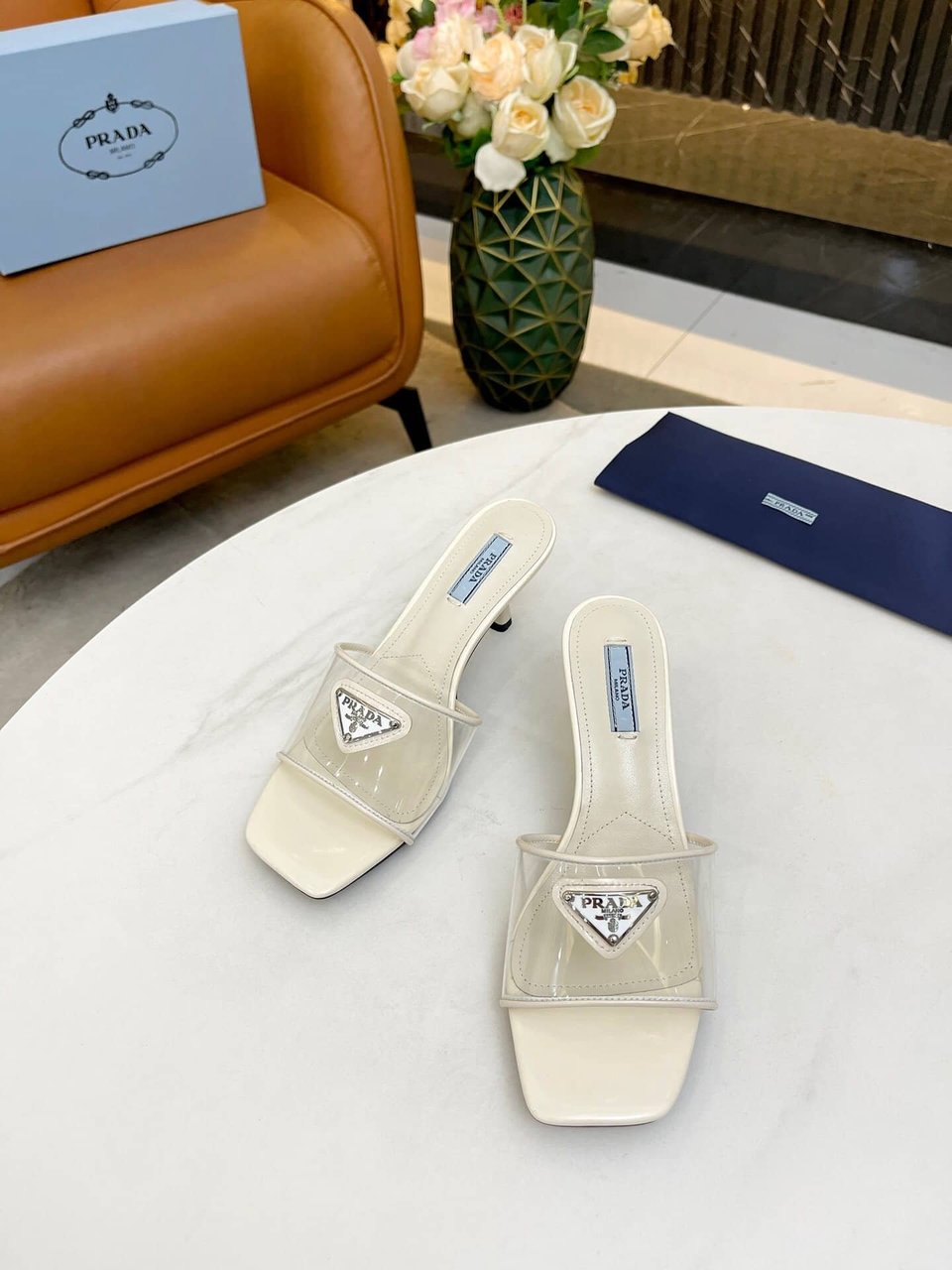Prada Plexiglas And Patent Leather Sandals Cream view 6