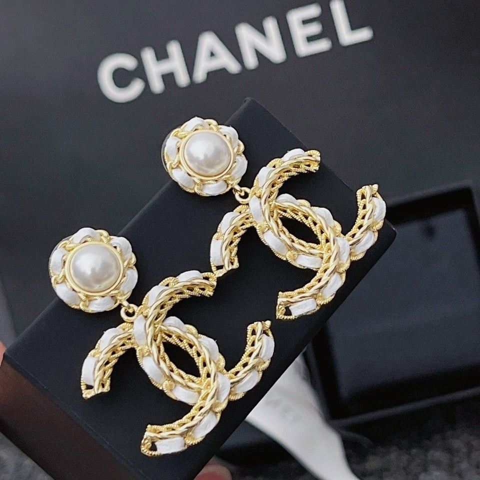 Chanel White Leather And Gold Metal Earrings view 7