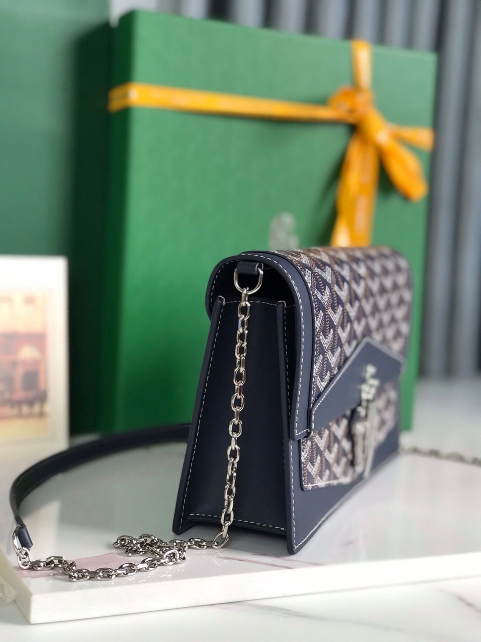 Goyard Duchesse Marie-Caroline Bag 25 Cm Navy Blue Goyardine Canvas And Smooth Calfskin view 8