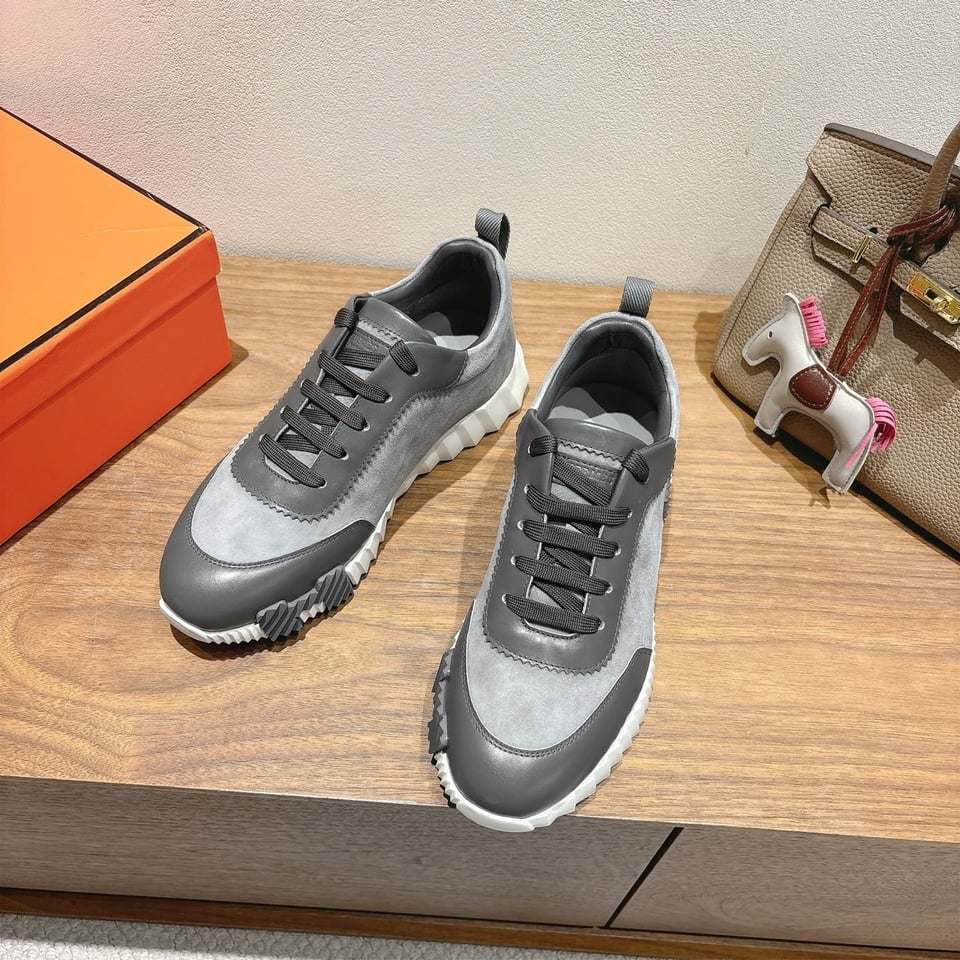 Hermes Bounce Sneakers In Suede And Calfskin Grey- Shoes for Men view 3