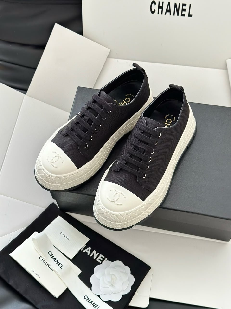 Chanel Canvas Sneakers with Rubber Cap-Toe Black &amp; White G39855 view 11