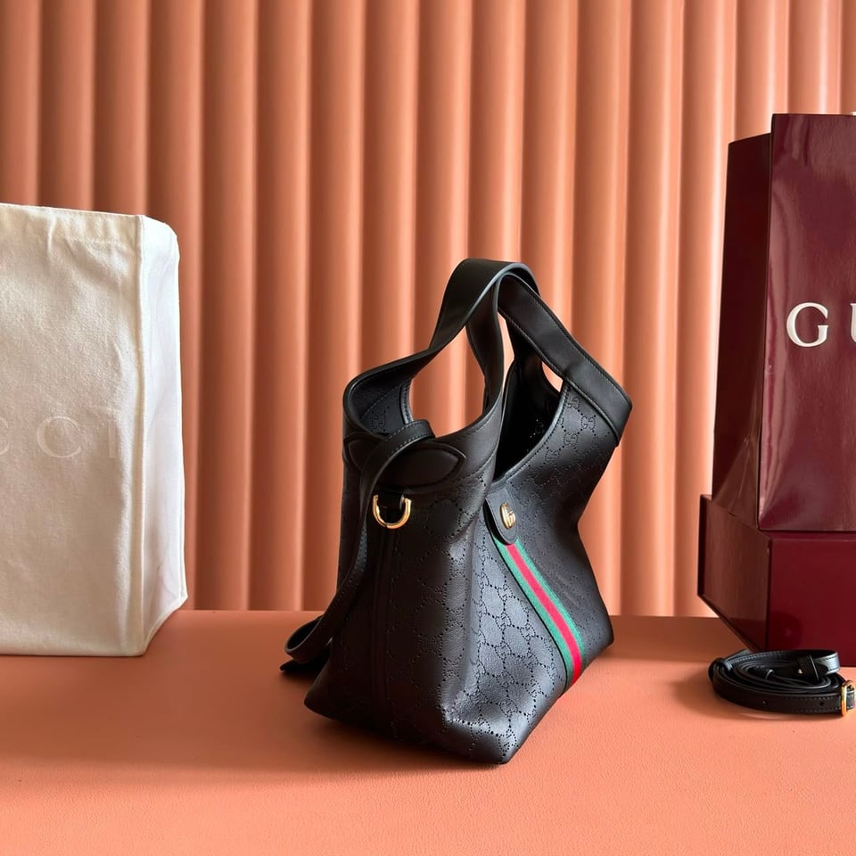 Gucci Giglio Small Tote Bag 25cm/9.8in Black GG Leather 860845 view 4