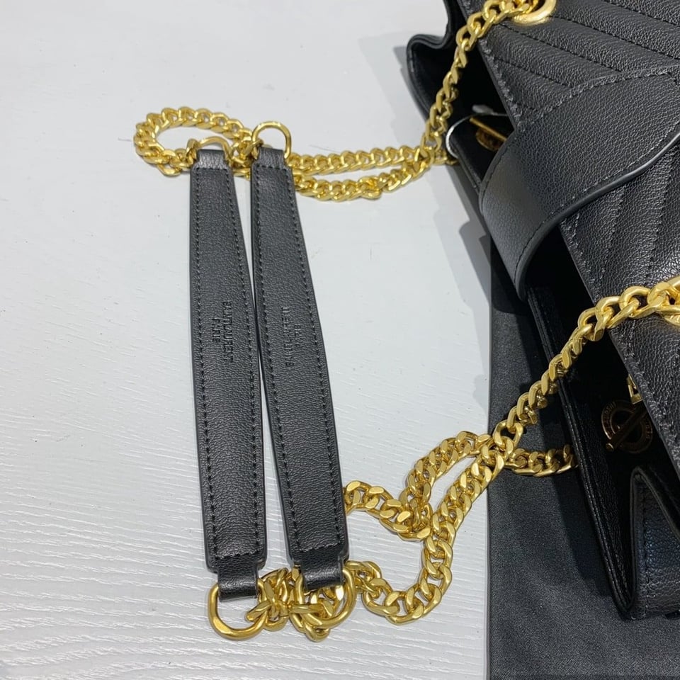 Saint Laurent Black Grain De Poudre Matelasse Chevron Monogram Shopping Bag Gold Hardware view 3